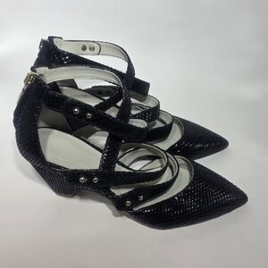 Plomo Women’s Leather Strappy Heels Black Snakeskin Zip Back Size 38 (US 7.5/8)